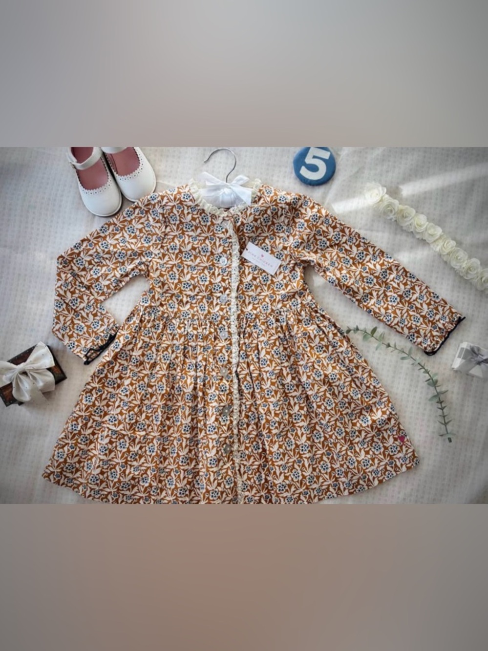 Pink Chicken Mustard Floral Cotton Long-Sleeve Dress